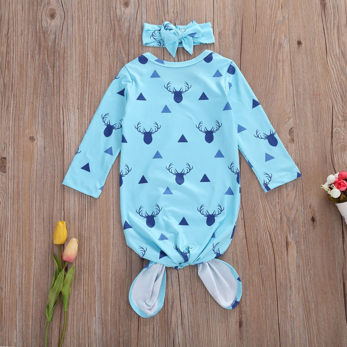 Emmababy Herfst Baby Baby Meisjes Nachtkleding 2 Stuks Set Blauw Lange Mouw Elanden Driehoek Print Top + Hoofdband Pasgeboren 0-6M