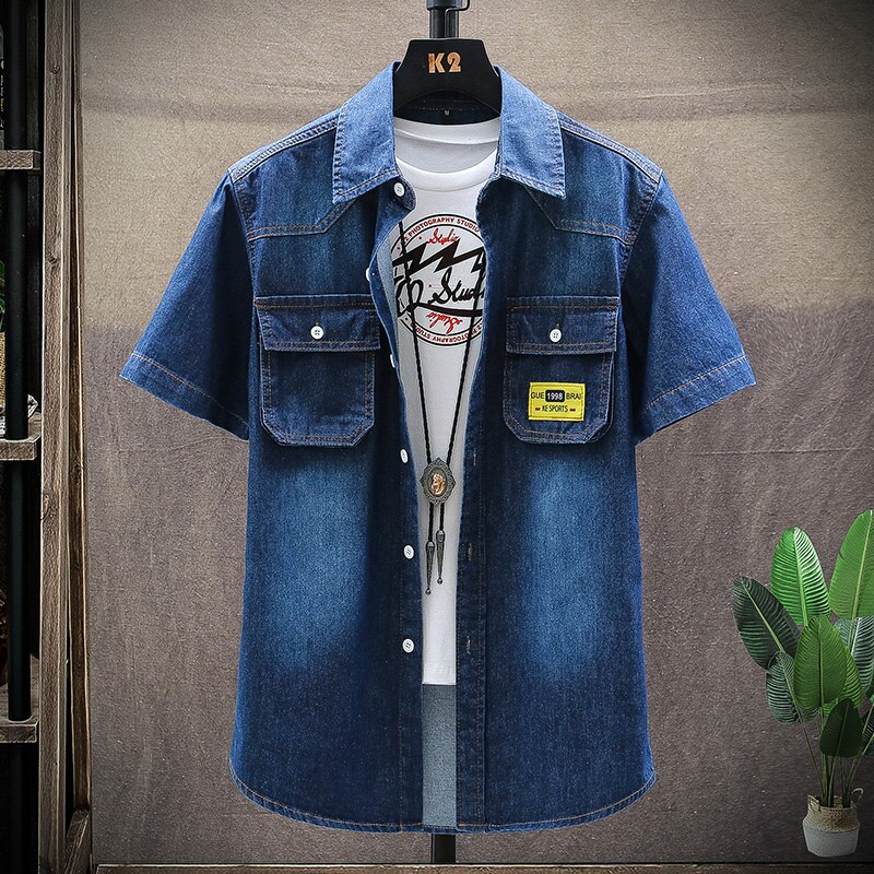 Men's Blue Denim Shirts Short Sleeve Jean Shirts Summer Men Cotton Light Blue Denim Shirts Size: navy blue / L