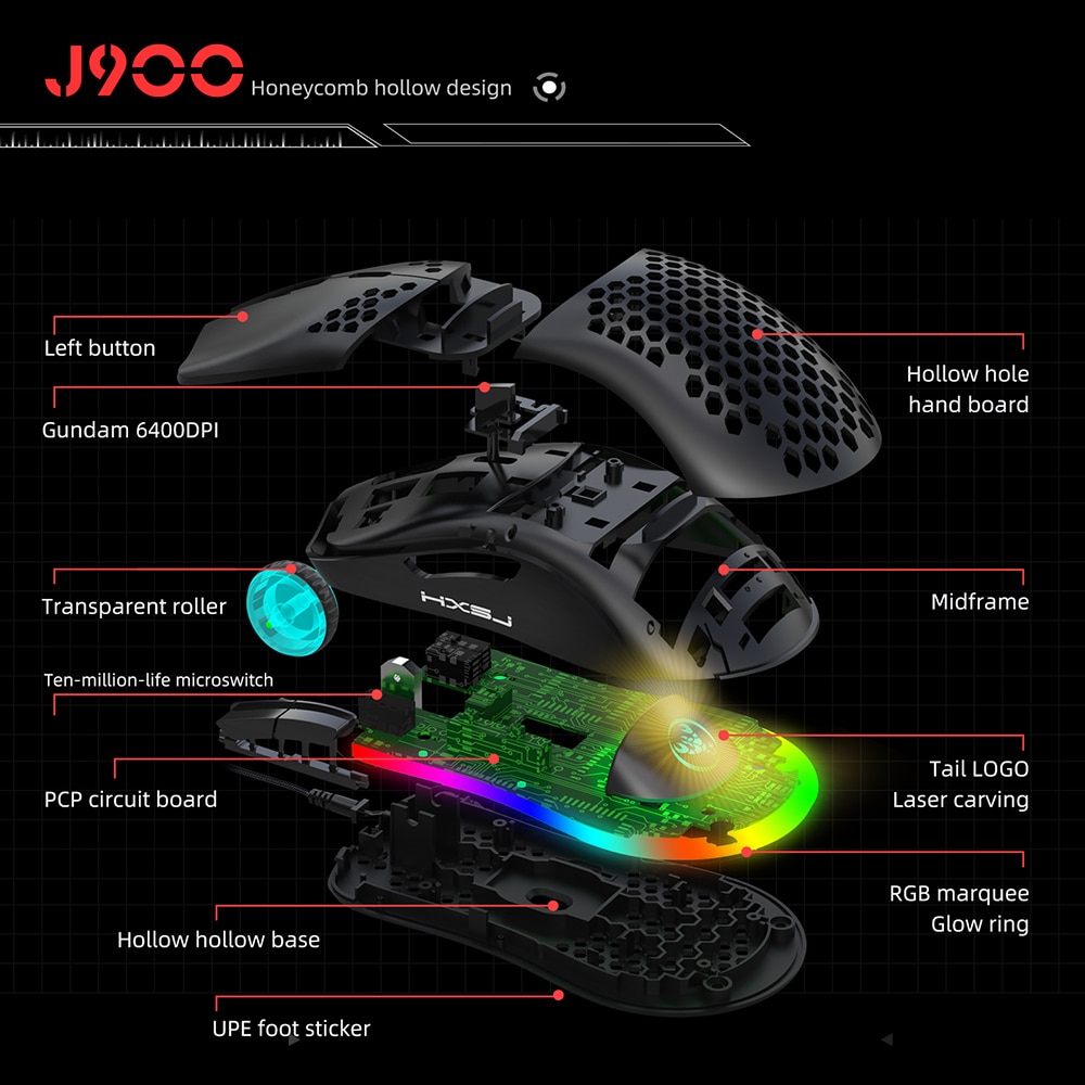 HXSJ J900 USB Wired Gaming Mouse RGB Gamer Mouses with Six Adjustable DPI Honeycomb Hollow Ergonomic for Desktop Laptop