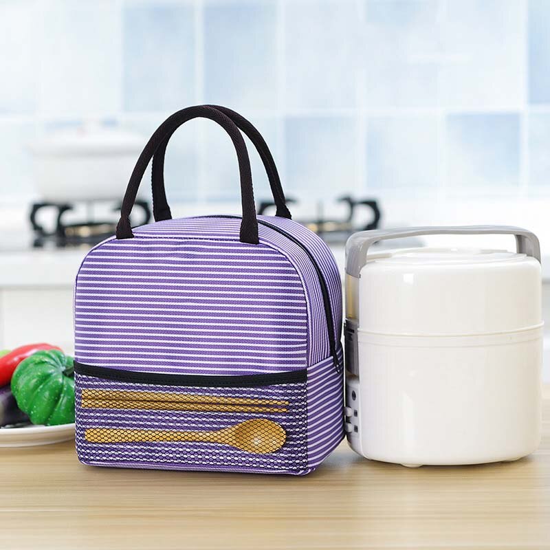 Bolsa térmica a rayas para niños, bolsas de almuerzo térmicas de aislamiento, portabotellas impermeable Madeira, Bolsa de almacenamiento de alimentos, Hobos: Purple New Striped