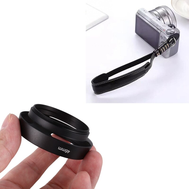 2 Pcs Camera Accessoires: 1 Pcs Zwart 46Mm Metalen Zonnekap &amp; 1 Pcs Camera Strap Pu Lederen Camera Wrist Hand Strap Grip