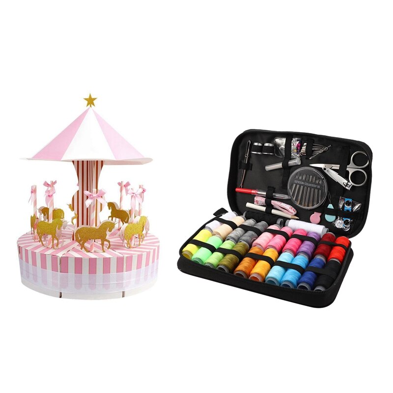 1 Set Carousel Wedding Favor Boxes Candy Boxes Box & 1 Set Sewing Kit for Adults,Sew Repair