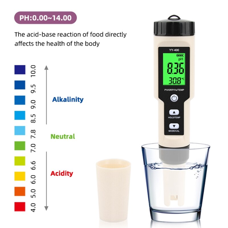 Nyeste yy -400 4 in 1 ph/ orp /h2 & tem meter digital dydrogen ion concentration tester til akvarium, swimmingpool, drikkevand