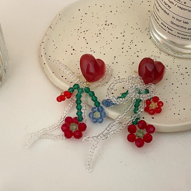 Pendientes colgantes de cristal para mujer y niña, aretes de resina con forma de corazón, flor, rojo, Vintage, francés, accesorios de joyería,