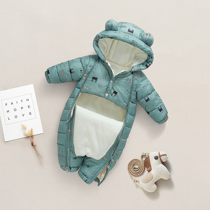 Winter warm geboren 3m 6m 9m 12m 70 80 90 100cm peuter baby capuchon jumpsuit overall jas plus fluwelen baby jongen rompertjes: Groente / 9m