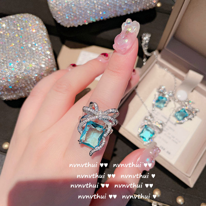 brillant Meer Blau CZ Stein Schmuck einstellen Damen Silber Farbe Bowknot Hochzeit Engagement Braut Partei Schmuck