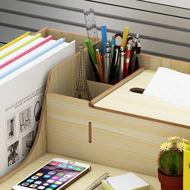 DIY Wood Desk Set Office Book Desktop Paper Folder Storage Box with Drawer Book Stand Rack Wooden