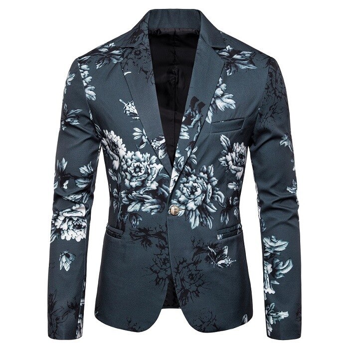 Flower print suit gentleman business slim suit single suit coat Korean style slim flower suit: Army Green / XL