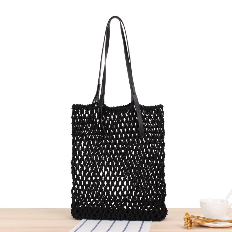 casual hollow rope woven large capacity totes candy color rattan women shoulder messenger bags summer beach handbags lady purses: black