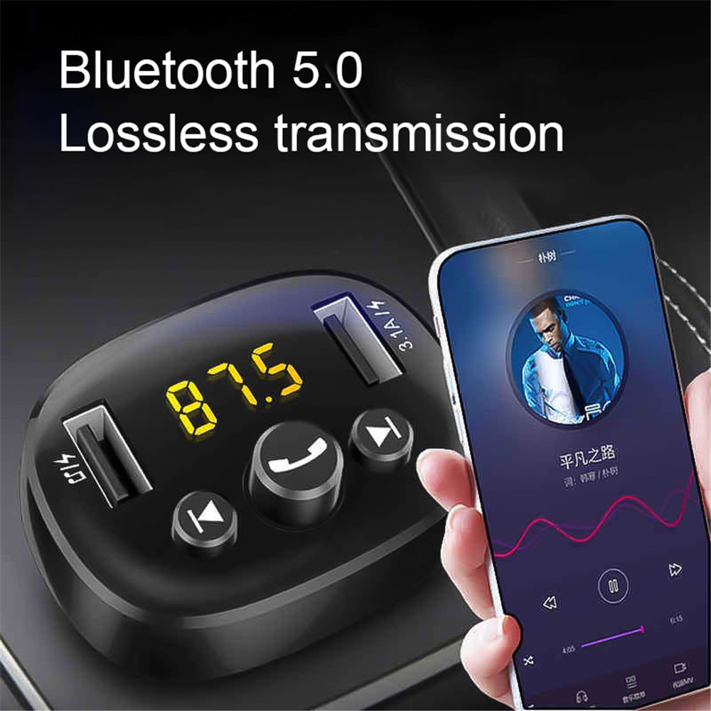 Bluetooth 5.0 Car Kit Handsfree Fm Modulator Wireless Audio Transmitter 3.1A Dual Fast Charger Support U Disk Car Music Player