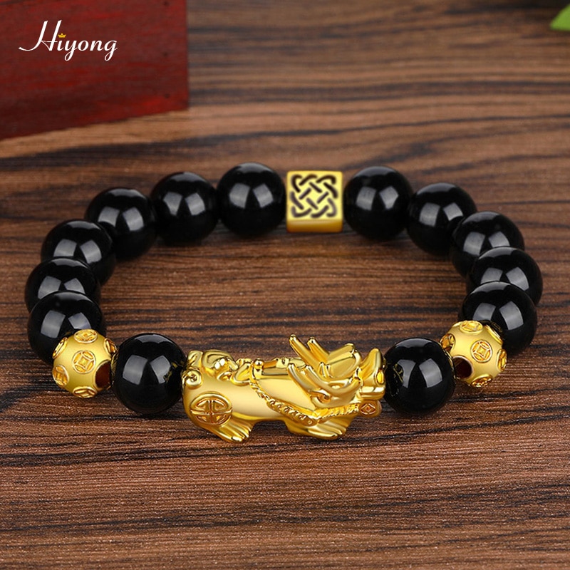 Zwart Obsidiaan Steen Kralen Armband Bixie Feng Shui Armband Goud Kleur Boeddha Geluk Rijkdom Armbanden Voor Vrouwen Mannen Sieraden