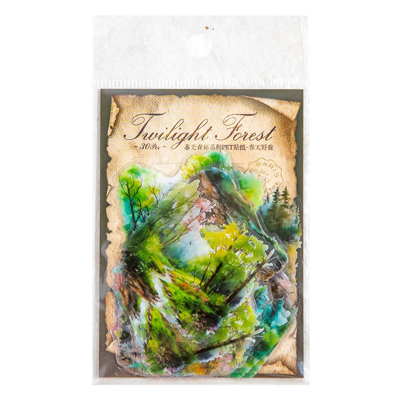 30 unids/bolsa pegatinas transparentes bolsa Crepúsculo bosque serie arte paisaje álbum de recortes diario basura Collages decorativos