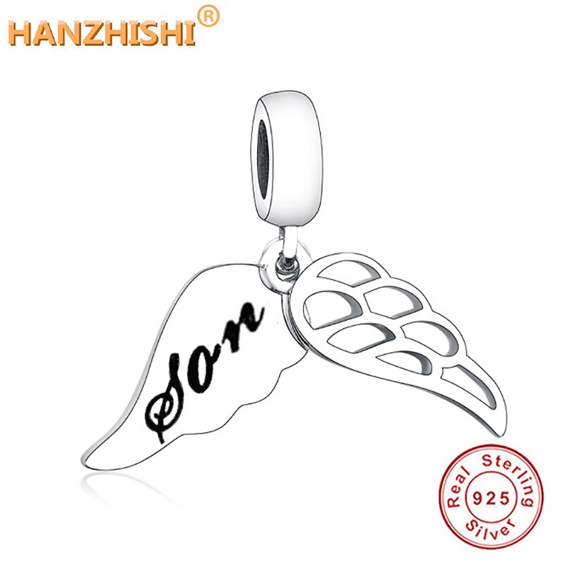 Prijs 925 Sterling Silver Wing Feather Dangle Charms Gegraveerd Zoon Fit Charm Armband Ketting Armband Sieraden Maken