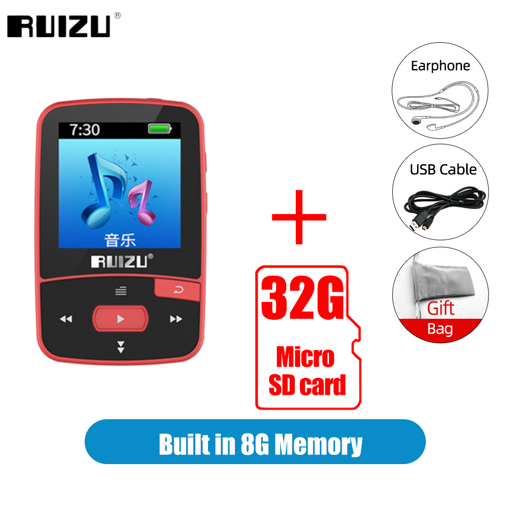 RUIZU X50 Sport lettore MP3 con Bluetooth 8GB Mini Clip Music lettore Audio supporto Radio FM registratore EBook orologio pedometro Video: 8G Red Add 32G Card