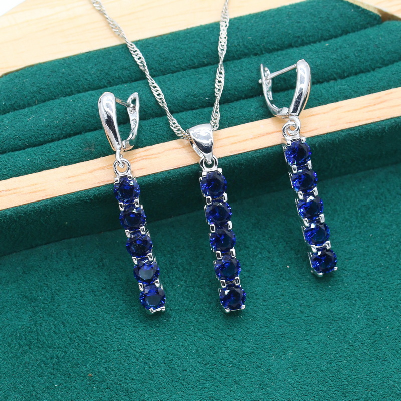 Dubai Bruiloft Zilveren Kleur Sieraden Set Voor Vrouwen Royal Blue Zirkoon Armband Lange Oorbellen Ketting Hanger Christmas