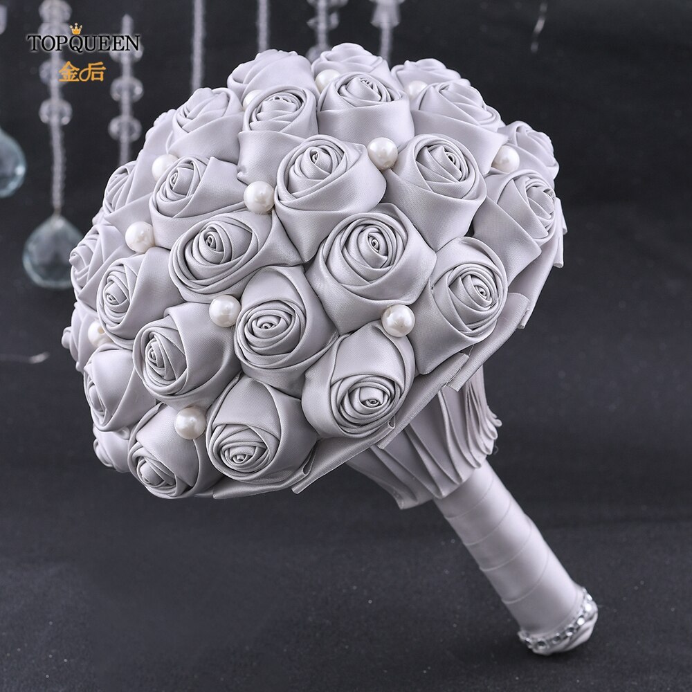 TOPQUEEN F3-GY hecho a mano ramos de novia para boda Premium gris Rosa Flor de satén ramo de rosas de novia para boda accesorios de la boda