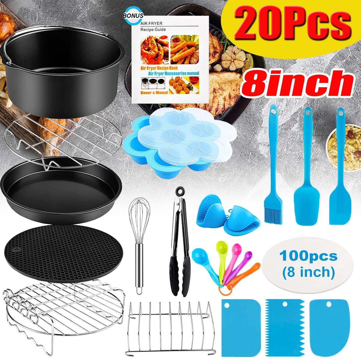 20x Air Fryer Accessories 8 Inch for 4.2QT 4.5QT 5.3QT 5.5QT 5.8QT Baking Basket Pizza Plate Grill Pot Kitchen Cooking Tool