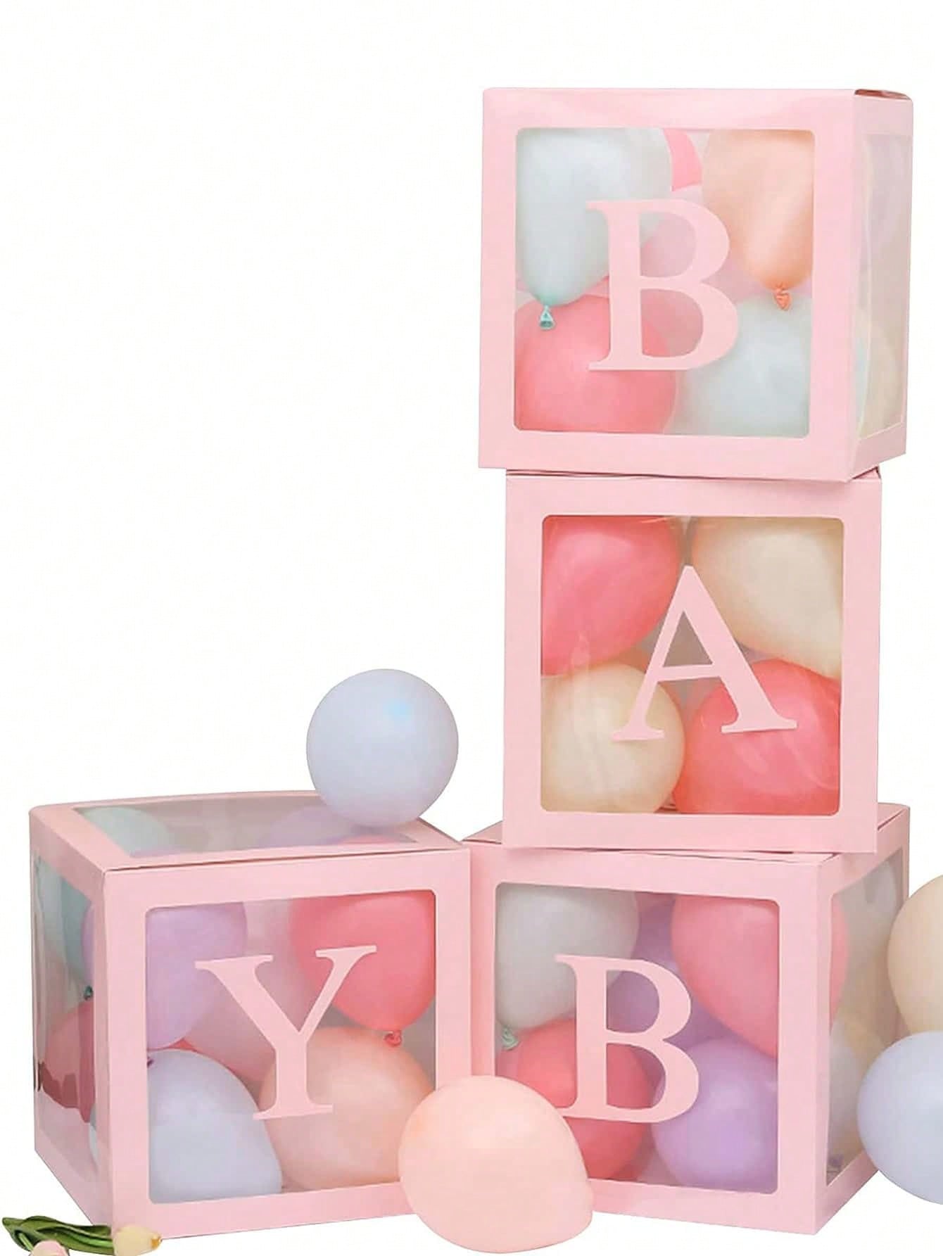 4 babybokser med babyshowerpost, babyshowerpynt for gutter eller jenter, gjennomsiktige ballongbokser, bursdagsfest (uten ballonger): Rosa
