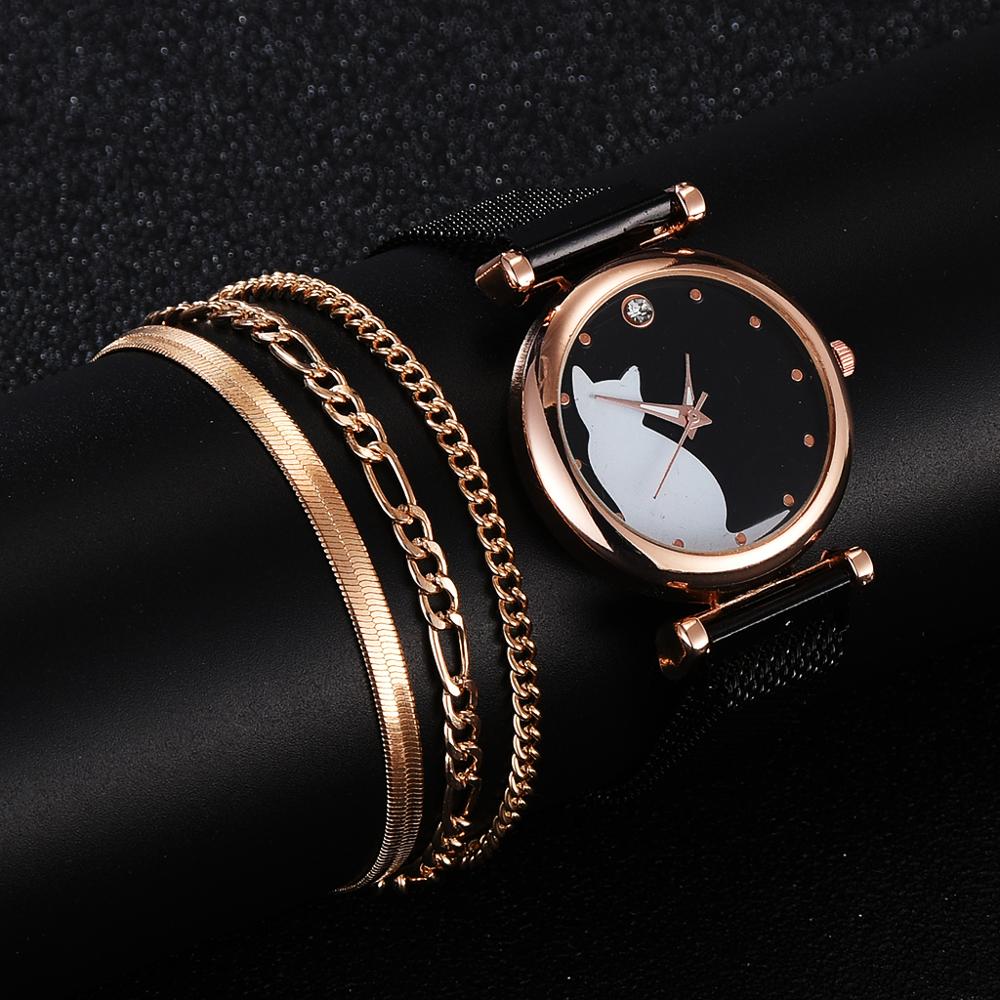 4 stk kvinder sæt ure luksus kjole magnetisk kat mønster lyserød damer armbåndsur relogio feminino