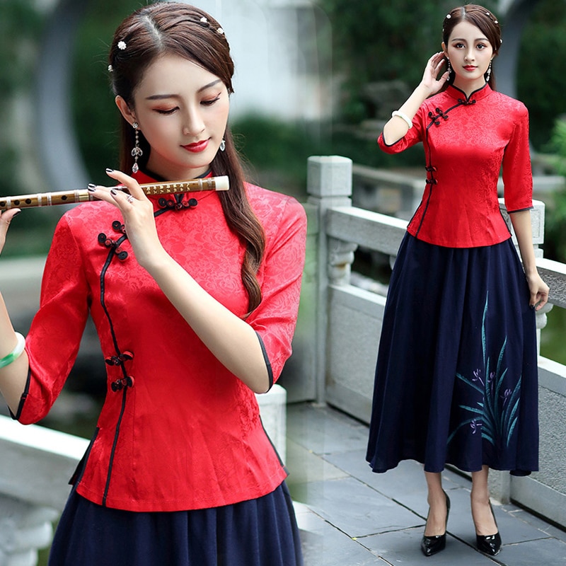 Chinese Tops Blouse Tang Ancient Chinese Style Seven Sleeve Cheongsam Shirts Jacket Tea Service Chinese Clothing Store Plus Size
