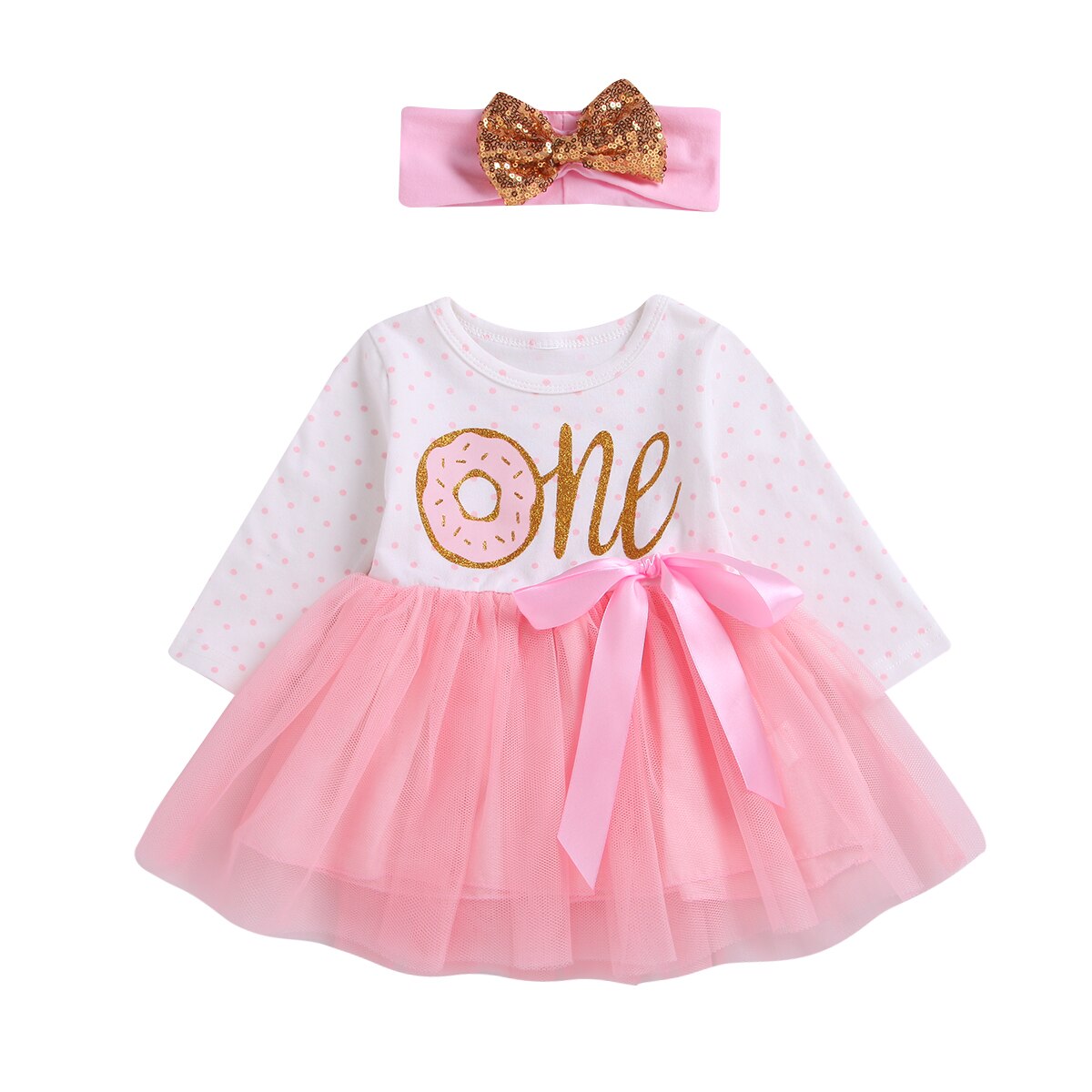 Een Baby Meisjes Donut Verjaardag Jurk Rompertjes Tutu Jurken Hoofdband Outfit Kleding Set 0-3T Mouwloze en Lange mouw: One Long sleeve / 18m