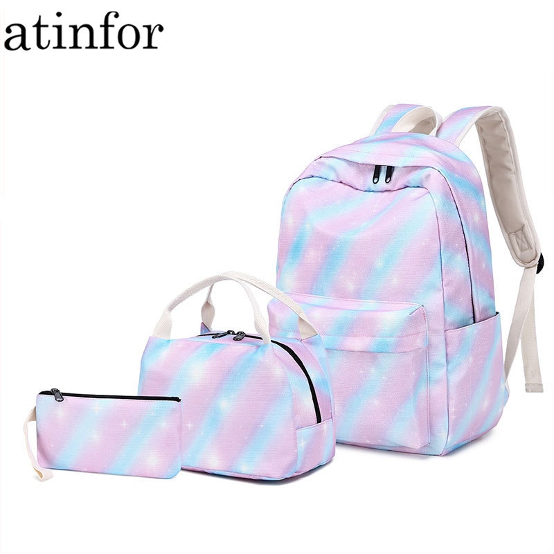 Atinfor Vrouwen Roze Set Rugzak Vrouwelijke Laptop Streep Knapzak Leuke Schooltas Voor Tieners Met Lunchbox Tassen