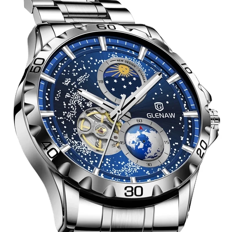 GLENAW Rotierende Erde Doppel Sekundenzeiger Armbanduhr Männer Automatische Mechanische Uhr Sternenhimmel Edelstahl Leder Armband