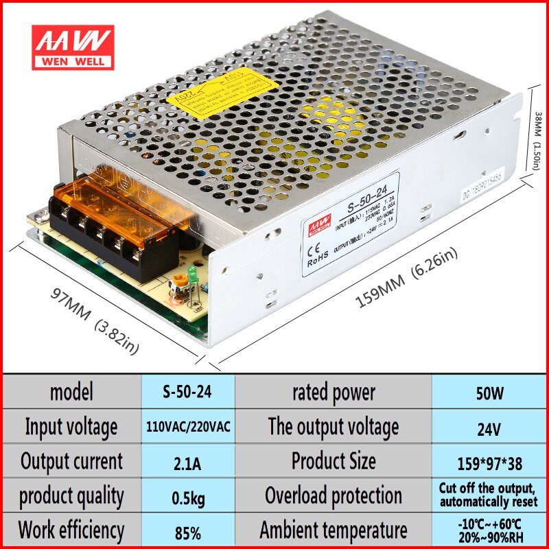Switching power supply S-50-24V transformer DC output 24V2.1A12V4.2A5V10A copper transformer