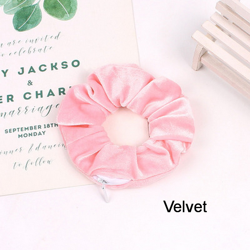 Women Satin Zip Scrunchies Elastic Velvet Hairbands Leopard Crunchy Hair Ties Pocket Scrunchie Holder With Zipper Headwear: Bright Yellow