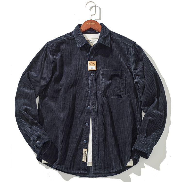 Stylish Men's Thick Corduroy Shirt Jacket with Vintage for Autumn and Winter: L / Navy Blue