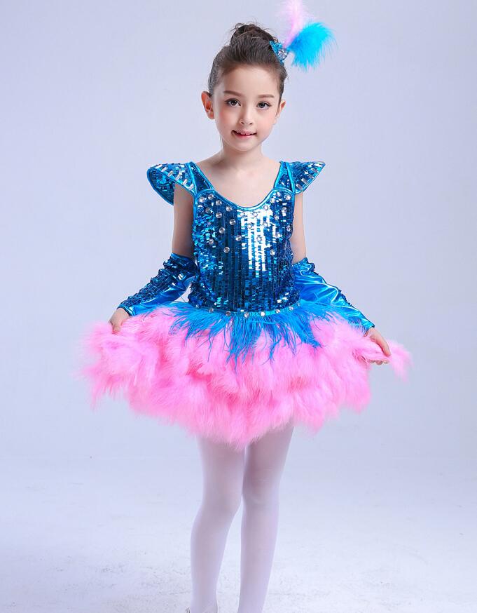 Pink Blue Girls Sequined Modern dance dress Kids Party dancewear costumes Outfits Children Ballroom Jazz Hip Hop dancing dress: 160cm-165cm