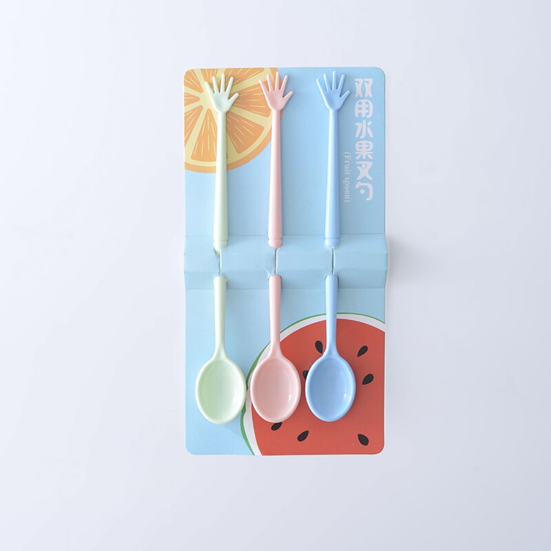 3 unids/set doble cabeza tenedor cuchara dibujo mano forma dos en uno fruta tenedor sopa cuchara vajilla hogar DIY accesorios de cocina