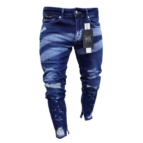 Stylish Men's Ripped Skinny Jeans Destroyed Frayed Slim Fit Denim Pants Trousers