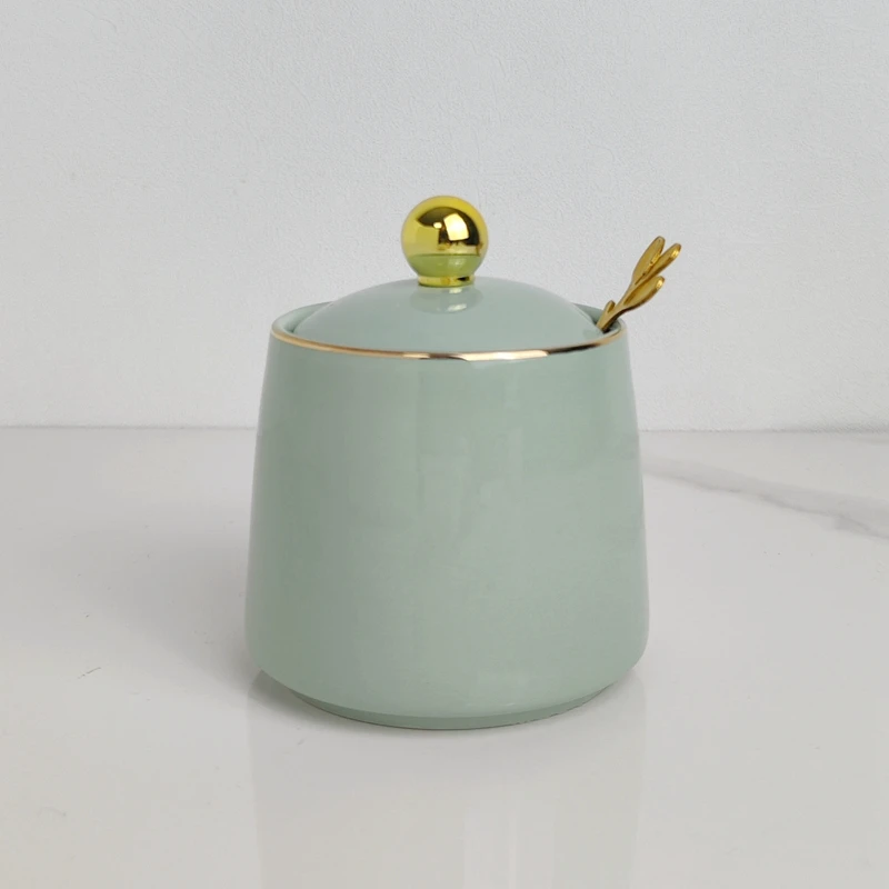 Ceramic Seasoning Jar with Spoon Kitchen Seasoning Storage Box Salt and Pepper Jar Household Storage Jar Ceramic Box Bottle: Khaki