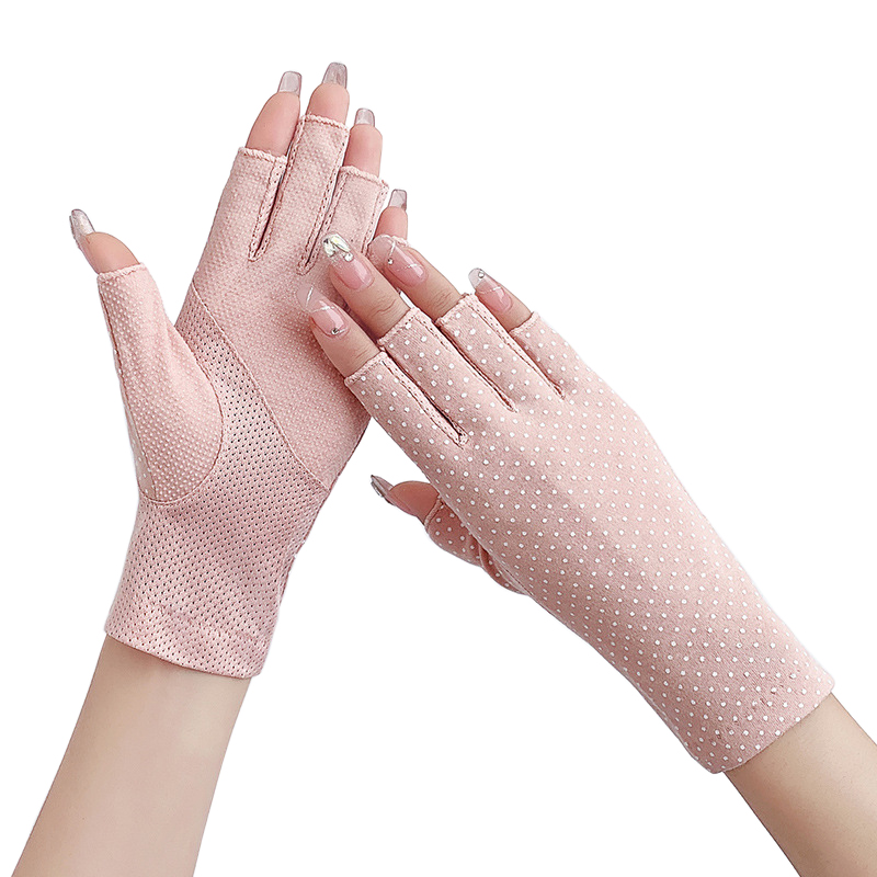 Guantes finos de algodón sin dedos para mujer, antideslizantes, transpirables, protectores solares, elásticos, de medio dedo para conducir, Verano