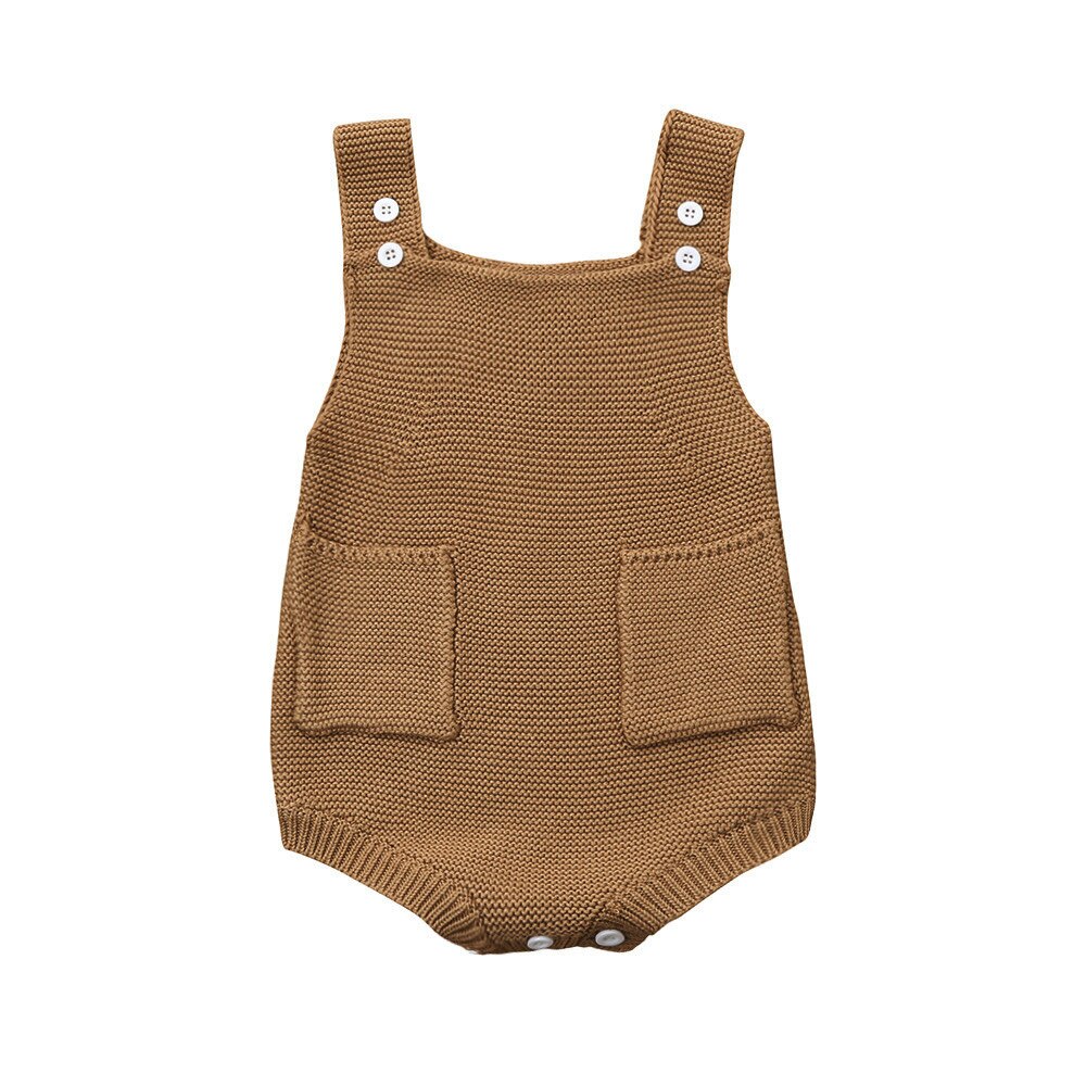 -né bébé filles solide tricoté enfant en bas âge poche combinaison vêtements body tenue sans manches bébé body mignon hiver: Beige  / 9M