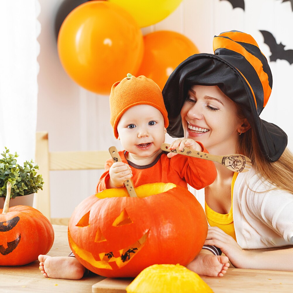 5 uds Halloween madera de bambú palas Wok ranurada espátula cuchara para mezclar de utensilios de cocina la cena cocina palas suministros