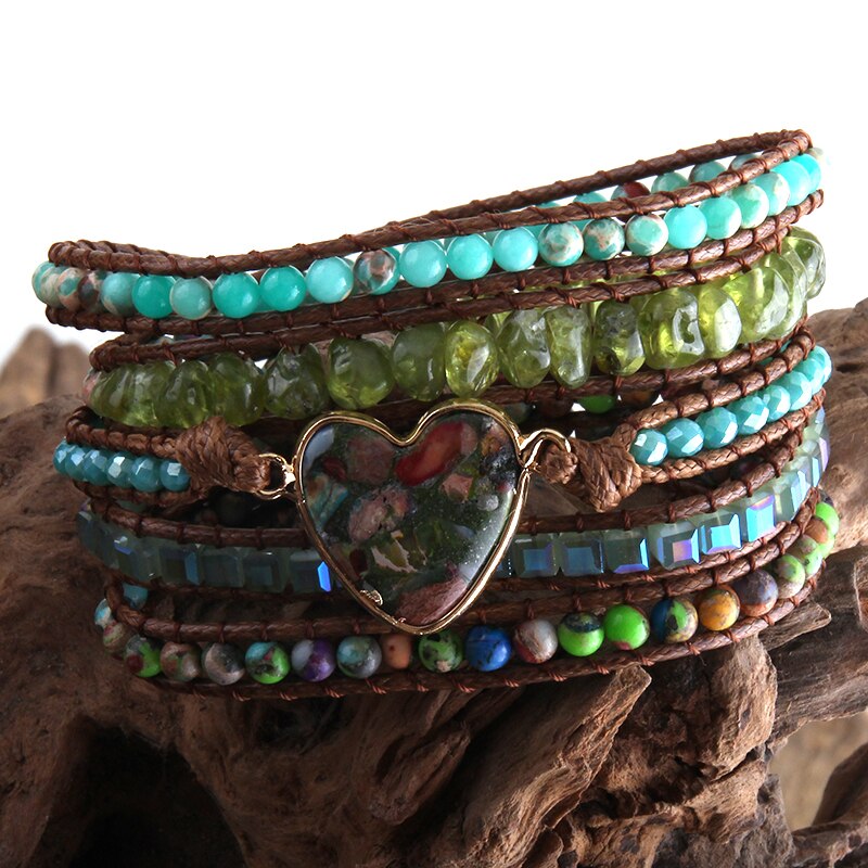 RH Bohemian Jewelry Women Vegan Boho Bracelet Mixed Natural Stones Heart Charm 5 Strands Wrap Bracelets