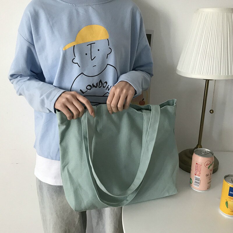 Saco de compras de lona de grande capacidade casual all-match bolsa de ombro feminina de cor sólida sacola de estilo universitário saco de escola aberto