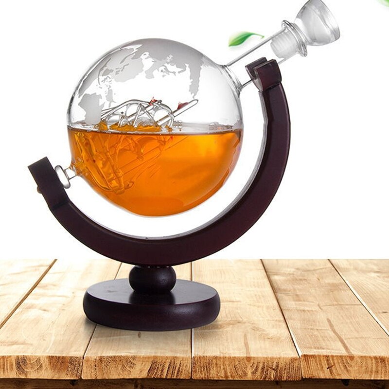 850Ml Whisky Karaf Antieke Whiskey Dispenser Voor Liquor Bourbon Vodka Wijn Glazen Karaf Globe Met Hout Stand