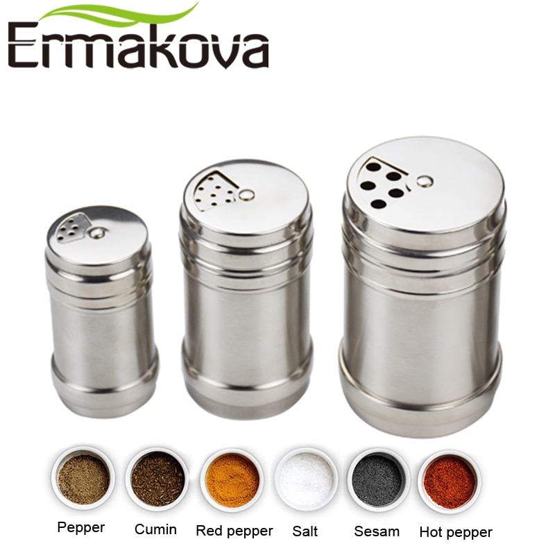 Ermakova salt peber shaker krydderidispenser rustfrit stål krydderiflaske krukke beholder bbq krydderikrukke med roterende låg