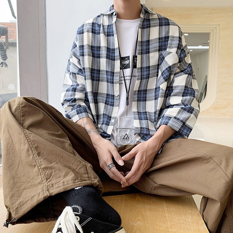 Harajuku-camisas a cuadros para hombre, ropa de calle masculina, sencilla, informal, holgada, de tres cuartos, combina con todo, estilo coreano
