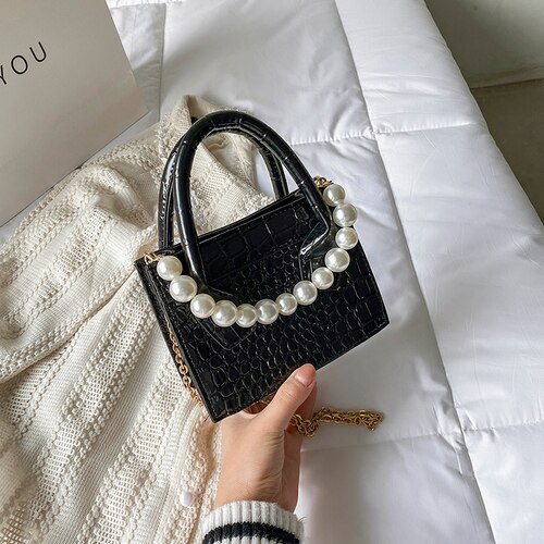Frauen Perle Kette Handtaschen Geldbörsen Einfache Weibliche Kleine Quadratische Tasche PU Leder Damen Schulter Umhängetaschen: Schwarz
