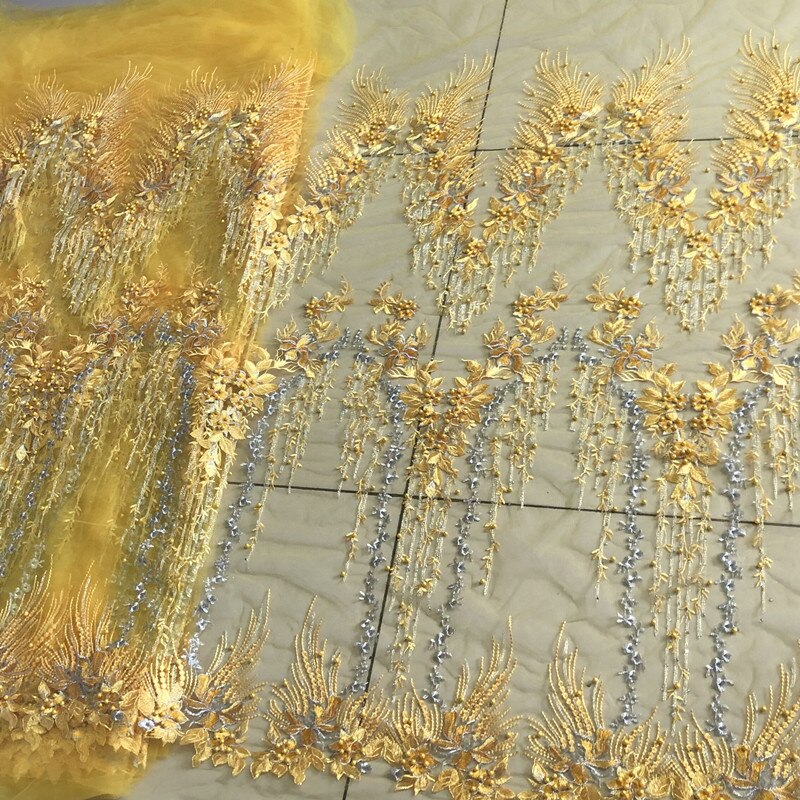 Saskia 1 yard perlebroderi stof afrikansk blonder mesh net stof materiale syning til brudekjole tøj blomst stof diy: Gul