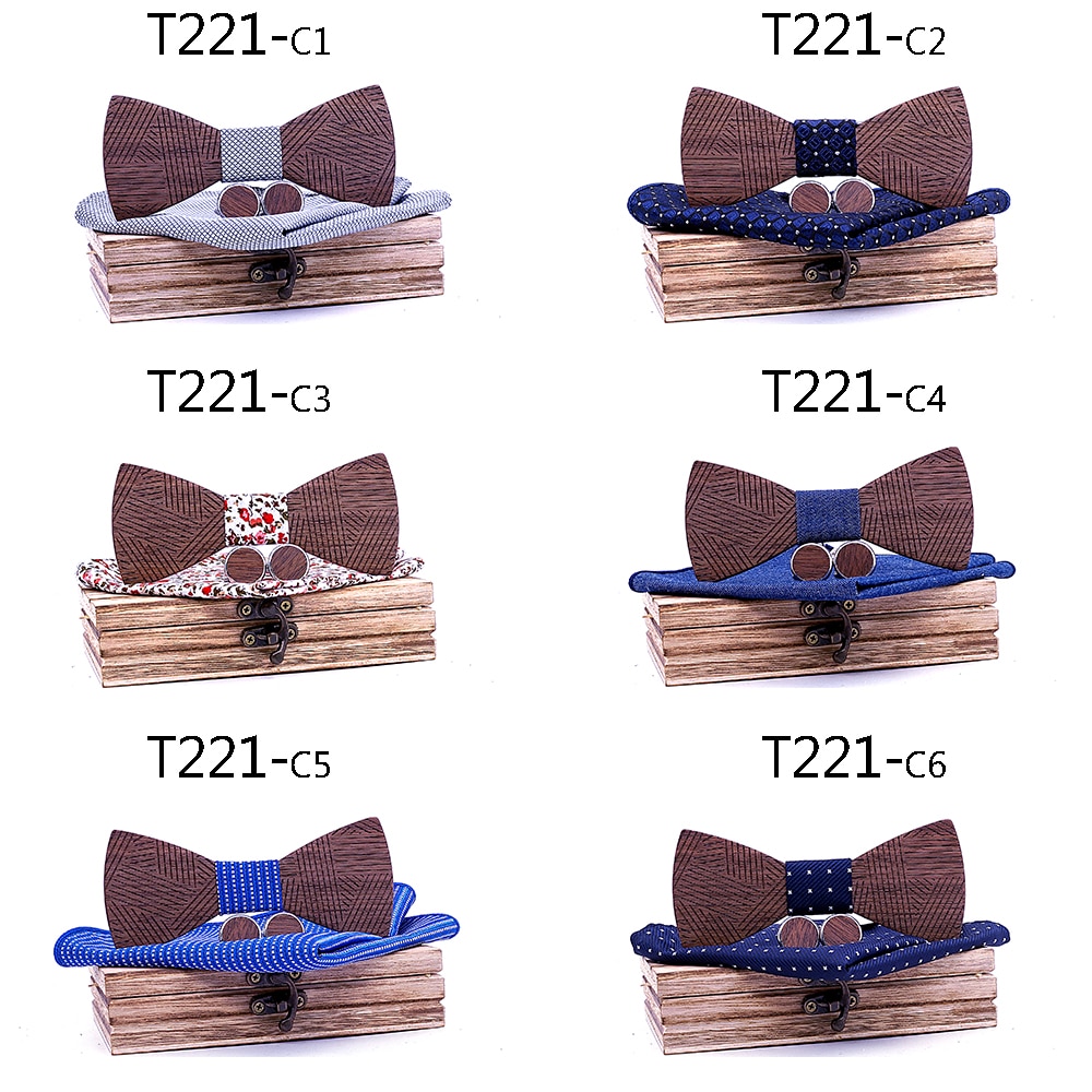 Conjunto de pajarita de madera a cuadros para hombre, conjunto de pajarita de madera a rayas, pañuelo y gemelos con caja de madera para hombre, de boda