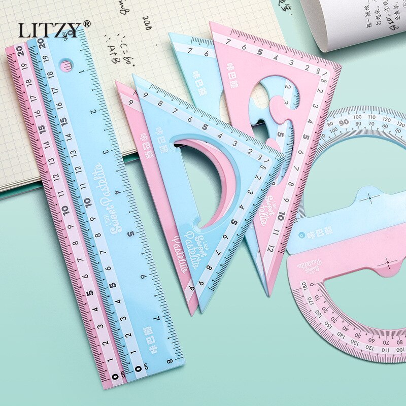 Juego de 4 Uds. LITZY de regla Kawaii, compás matemáticos, papelería escolar, reglas rectas de plástico de 15/20cm, suministros de oficina