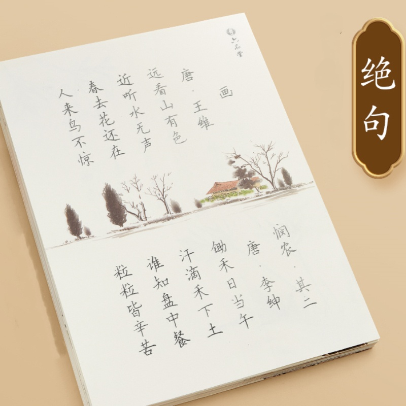 Regular Script Copybook Chinese Hard Pen Calligraphy Poems Notebook Students Hard Pen Copybook with Exquisite Illustration: Blue