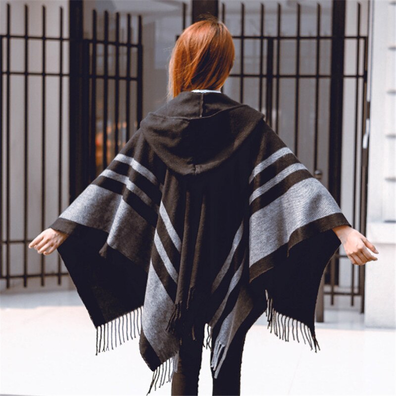 Oversized Shawls Warm Winter Hooded Wrap Cashmere Poncho Plaid Capes Outwear Cardigans Sweater Coat Tassel