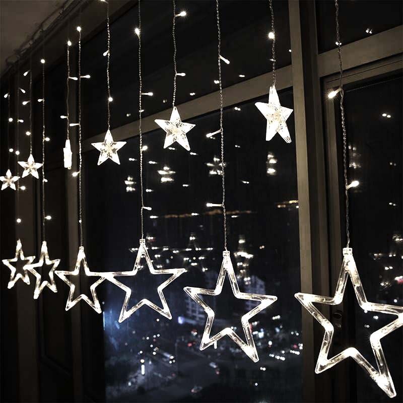 2.5M 3.2M 8 Work Modes Christmas Decoration garland LED Fairy Lights Star And Moon Curtain Light String Party Decor Lamp: Star White 2M