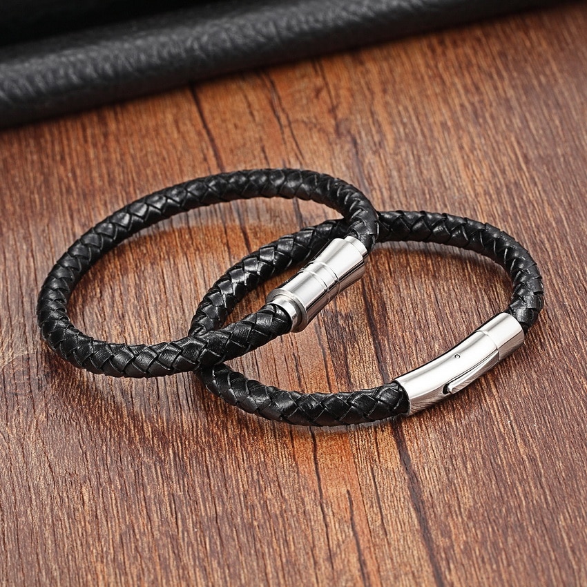 XQNI-pulsera de cuero genuino para hombre y mujer, brazalete de cuero con imán, pulsera de cuerda de acero inoxidable